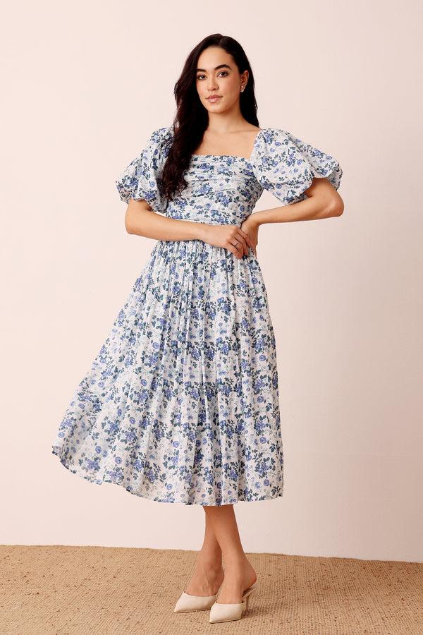 Lace & Beads Lana Puff Sleeve Cotton Midi Dress In Blue White Floral