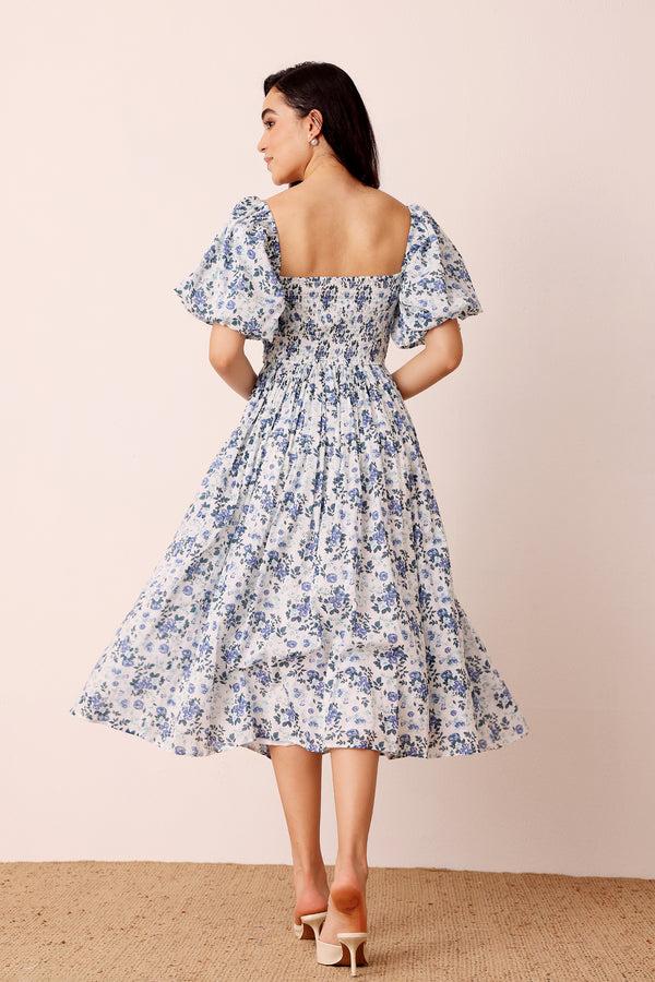 Lace & Beads Lana Puff Sleeve Cotton Midi Dress In Blue White Floral