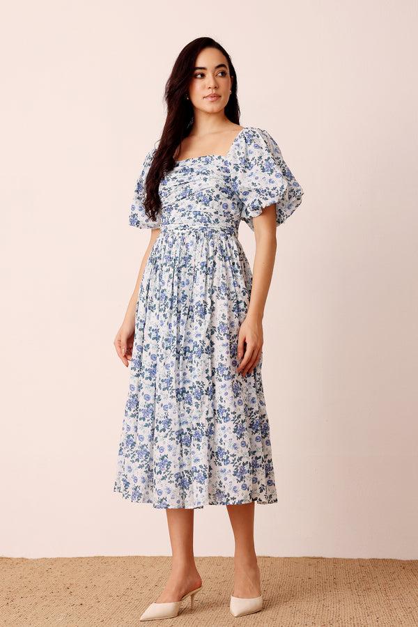 lace & beads Lana Puff Sleeve Cotton Midi Dress in Blue White Floral