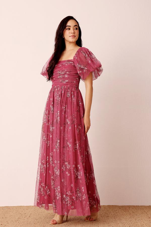 Lace & Beads Lana Puff Sleeve Tulle Maxi Dress In Orchid Floral