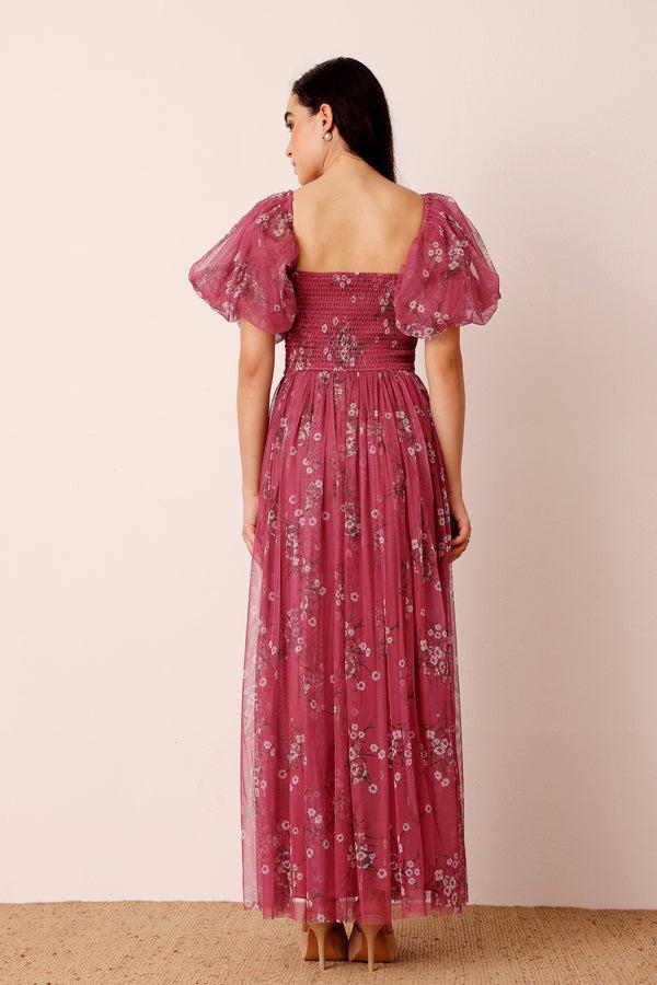 Lace & Beads Lana Puff Sleeve Tulle Maxi Dress In Orchid Floral