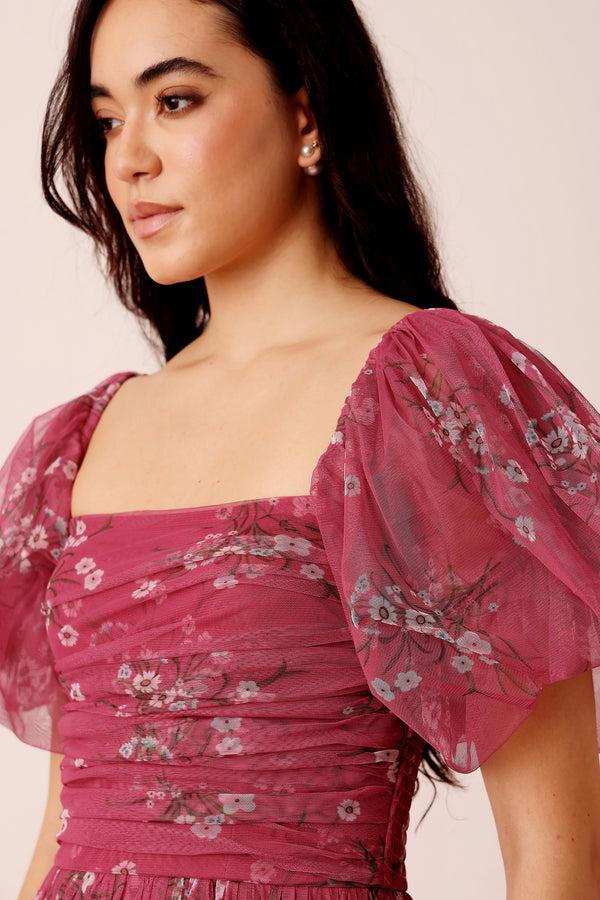 Lace & Beads Lana Puff Sleeve Tulle Maxi Dress In Orchid Floral