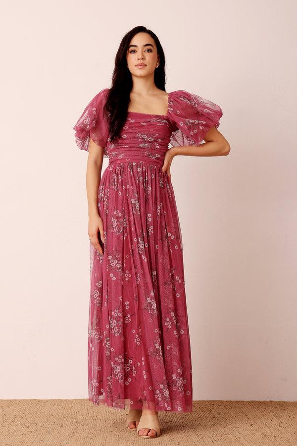 lace & beads Lana Puff Sleeve Tulle Maxi Dress in Orchid Floral