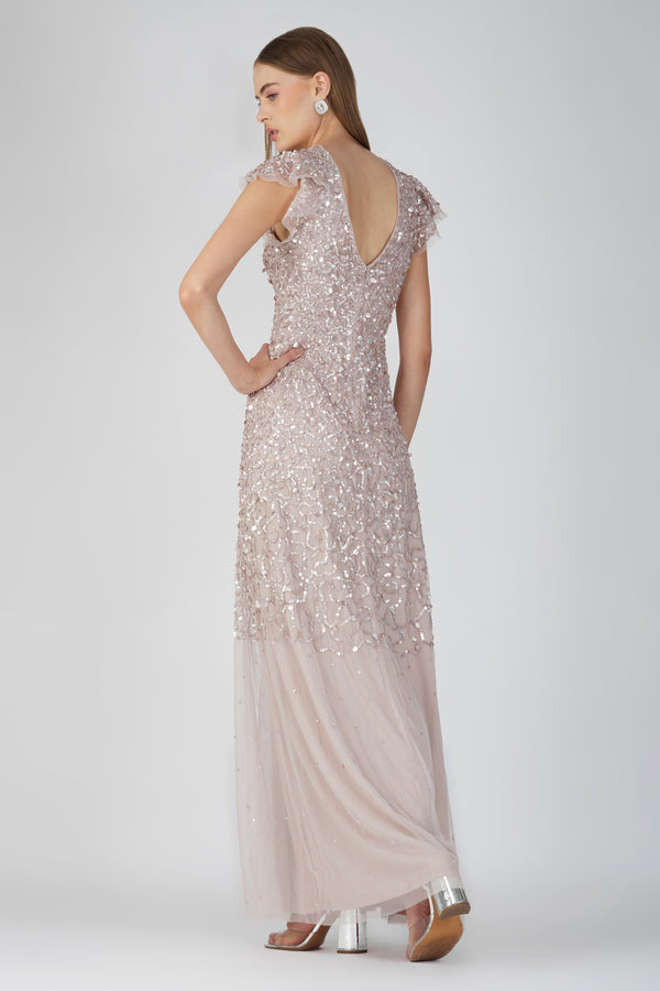 Lace & Beads Larissa Short Sleeve Embellished Maxi Dress In Mink