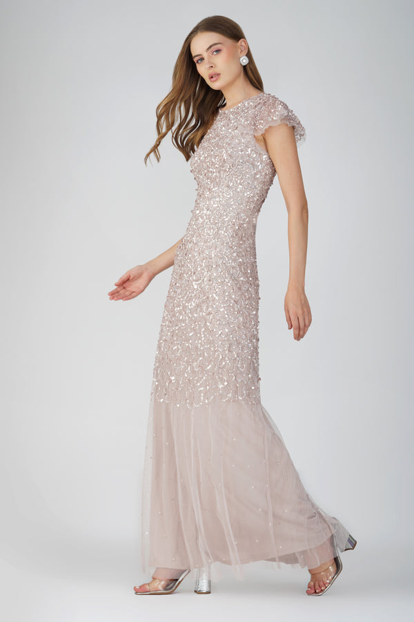 lace & beads Larissa Short Sleeve Embellished Maxi Dress in Mink