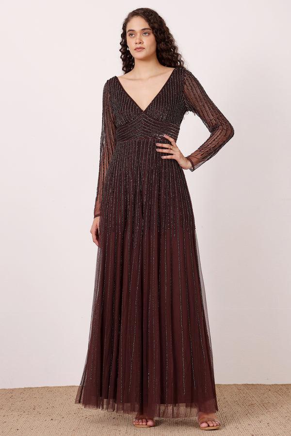 Lace & Beads Laura Embellished Maxi Dress In Coffee Brown