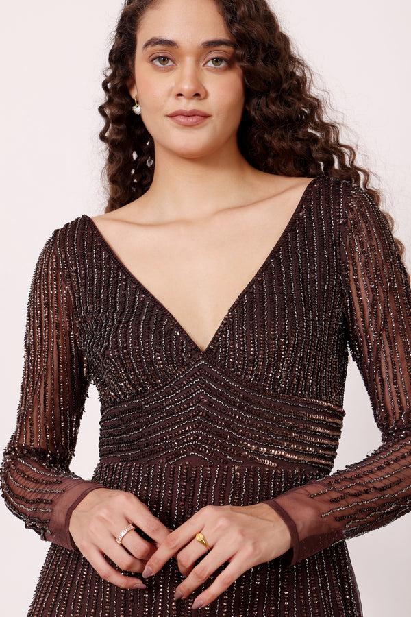 Lace & Beads Laura Embellished Maxi Dress In Coffee Brown