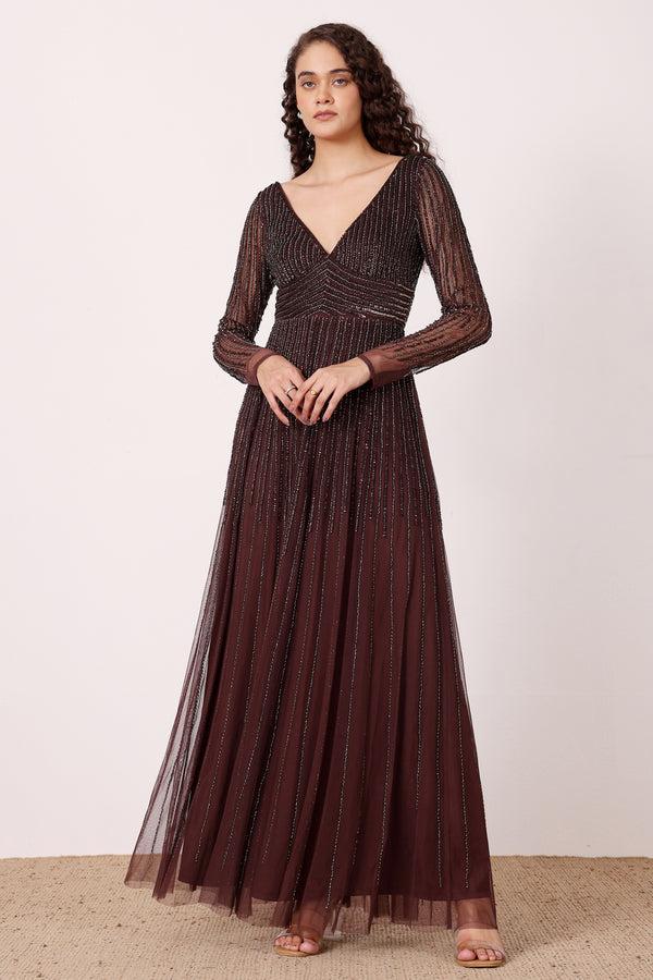 lace & beads Laura Embellished Maxi Dress in Coffee Brown