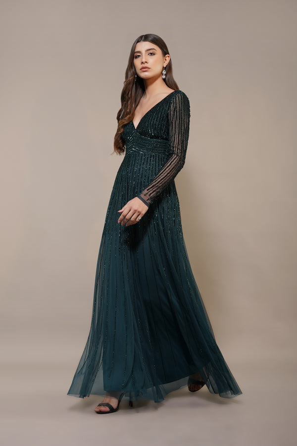 Lace & Beads Laura Embellished Maxi Dress In Emerald Green