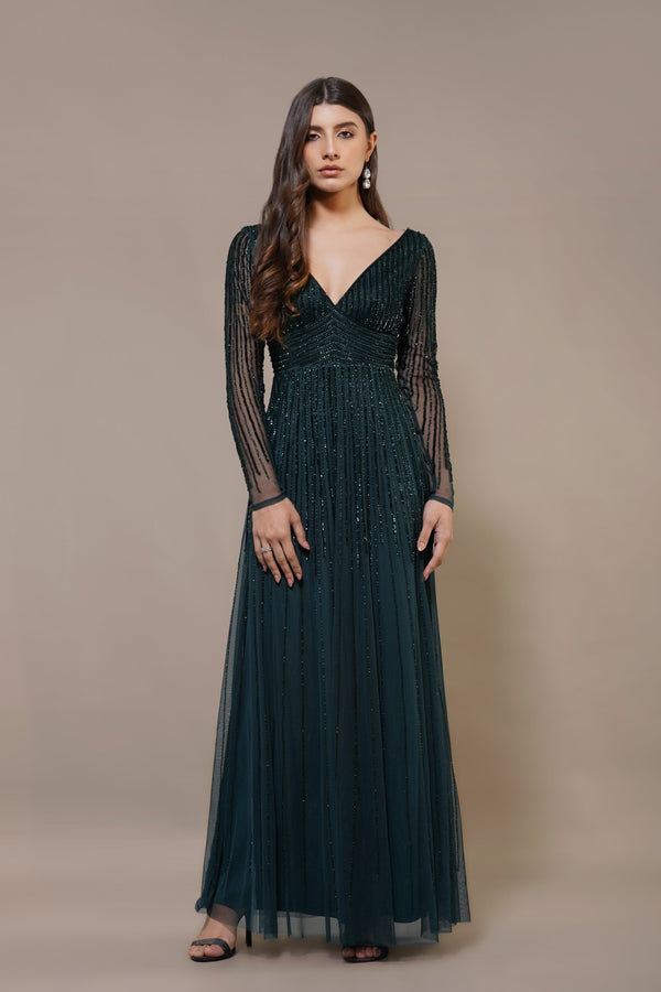 lace & beads Laura Embellished Maxi Dress in Emerald Green