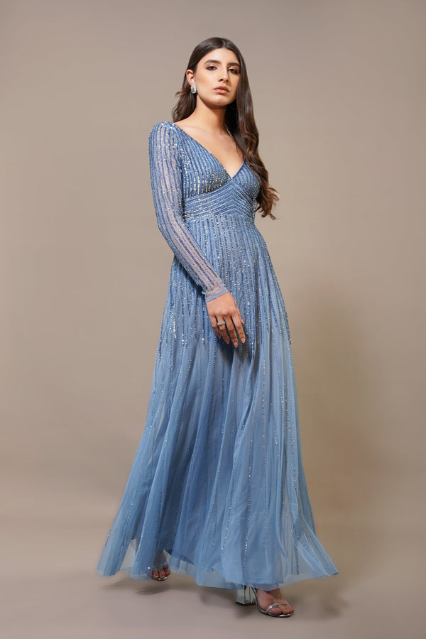 Lace & Beads Laura Embellished Maxi Dress In Powder Blue