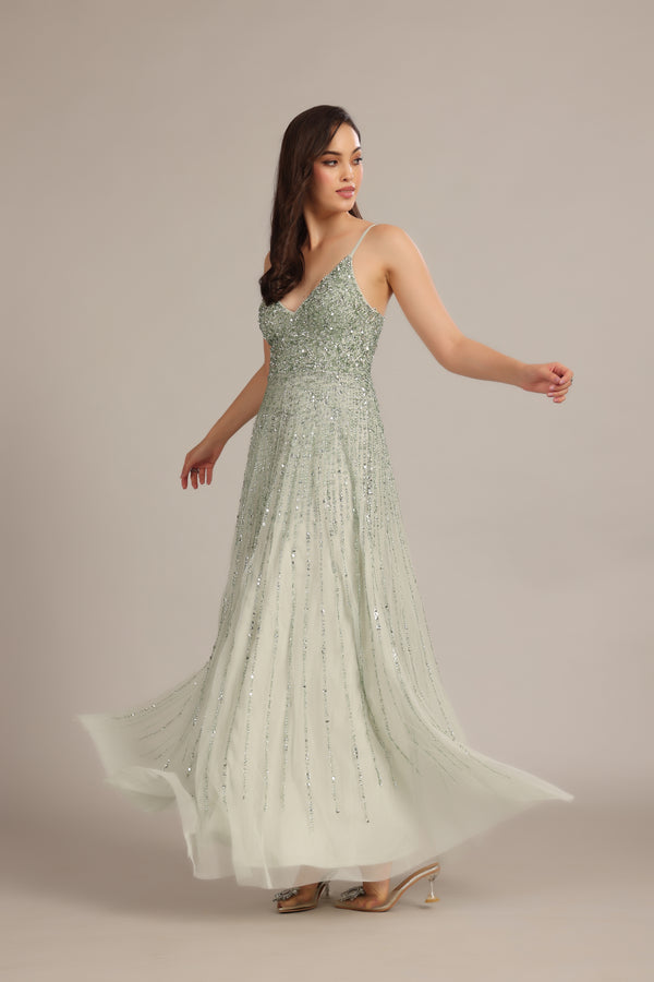 Lace & Beads Legacy Embellished Maxi Dress In Sage Green
