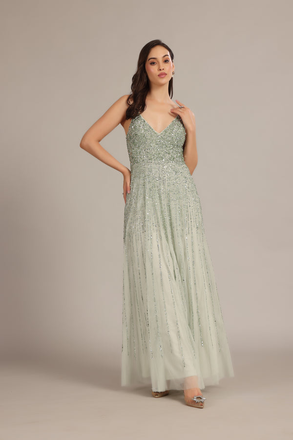 lace & beads Legacy Embellished Maxi Dress in Sage Green