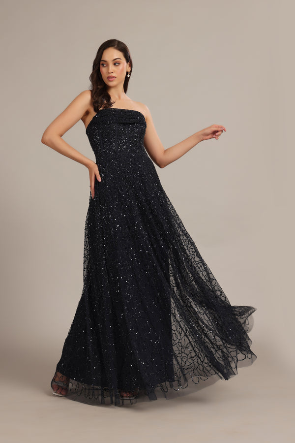 Lace & Beads Leona Embellished Maxi Dress In Navy Blue