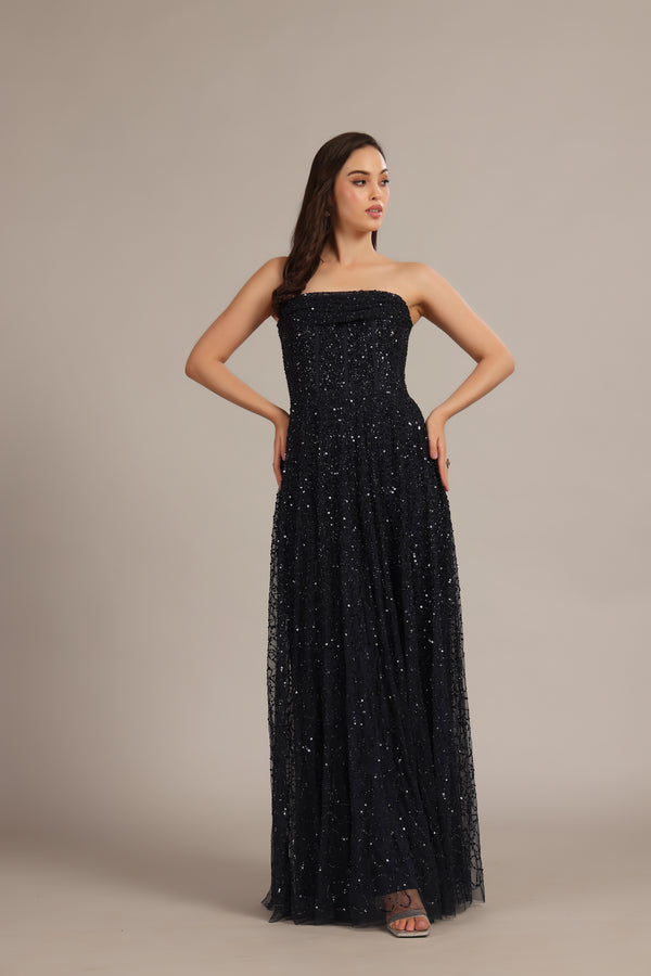 Lace & Beads Leona Embellished Maxi Dress In Navy Blue