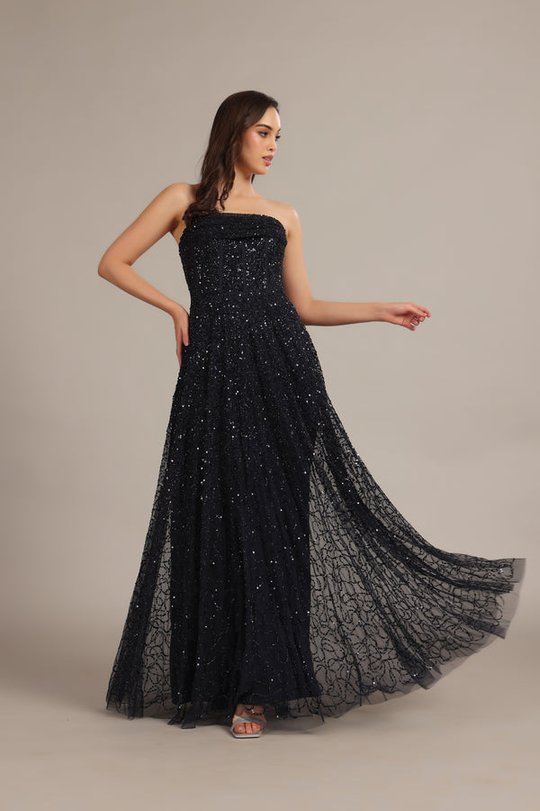 Lace & Beads Leona Embellished Maxi Dress In Navy Blue