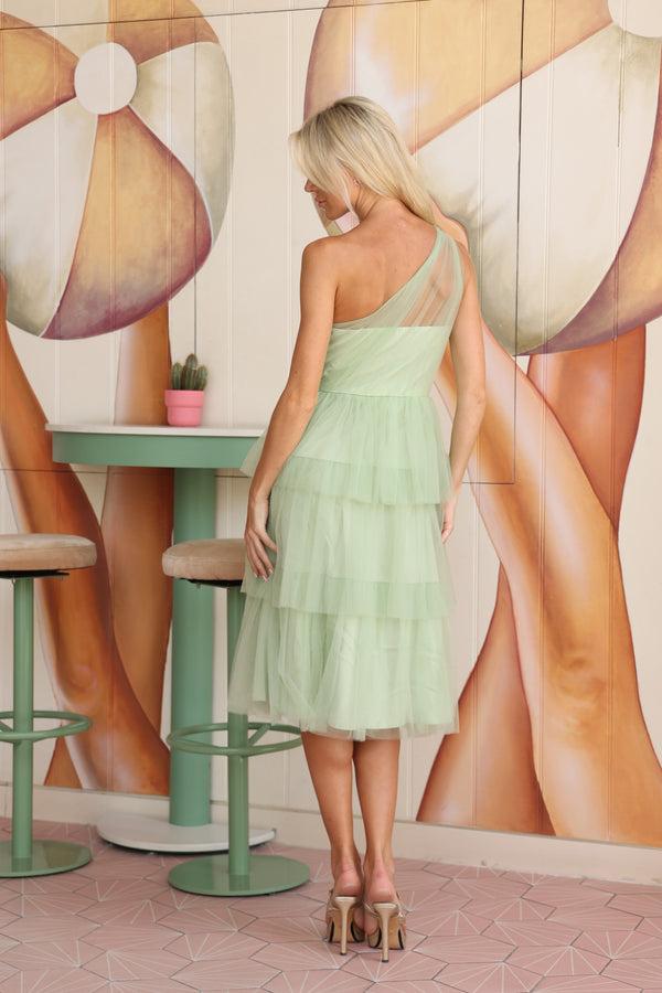 Lace & Beads Leyana One Shoulder Tulle Dress In Sage Green
