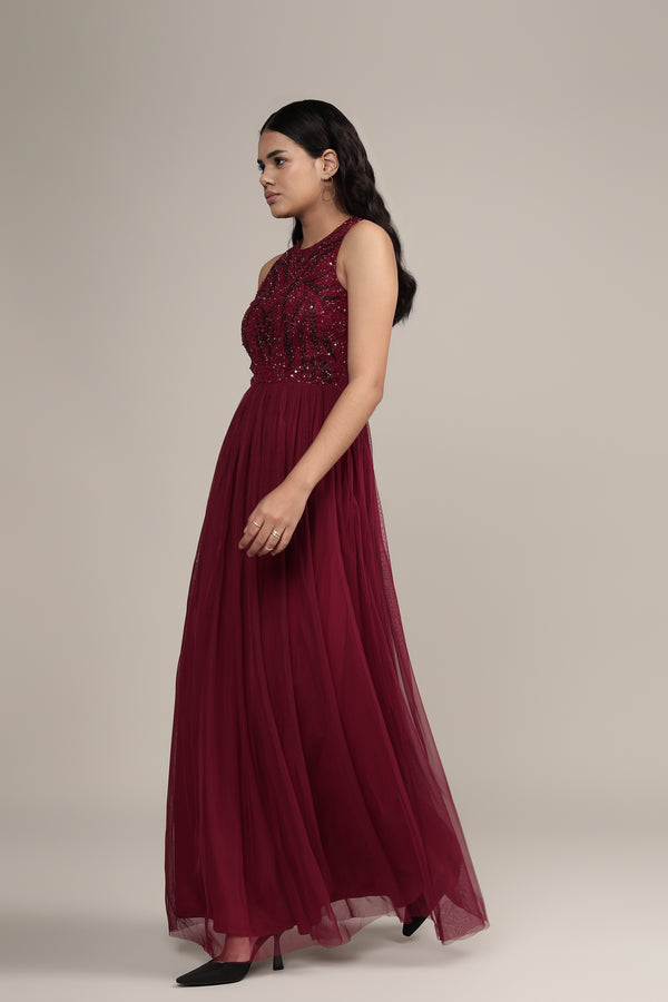 Lace & Beads Linda Embellished Maxi Dress In Burgundy