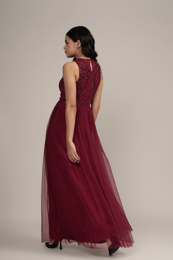 Lace & Beads Linda Embellished Maxi Dress In Burgundy