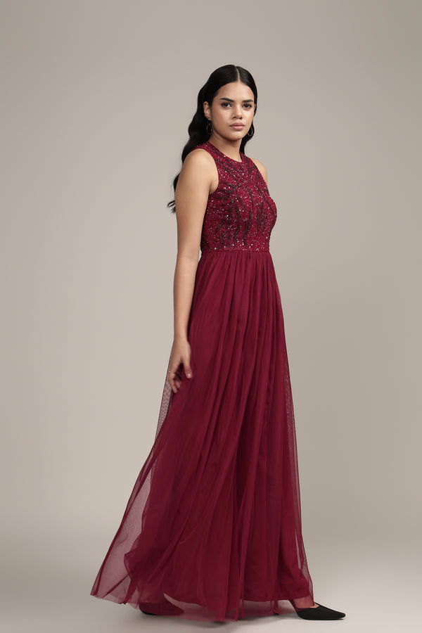Lace & Beads Linda Embellished Maxi Dress In Burgundy