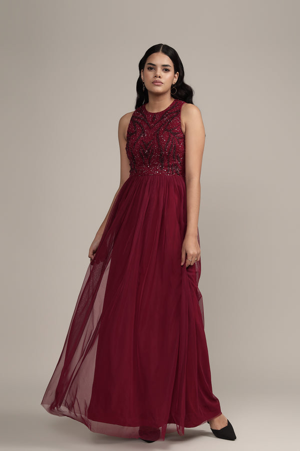 lace & beads Linda Embellished Maxi Dress in Burgundy