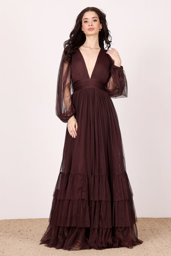 Lace & Beads Long Sleeve Madison Maxi Dress In Chocolate Plum