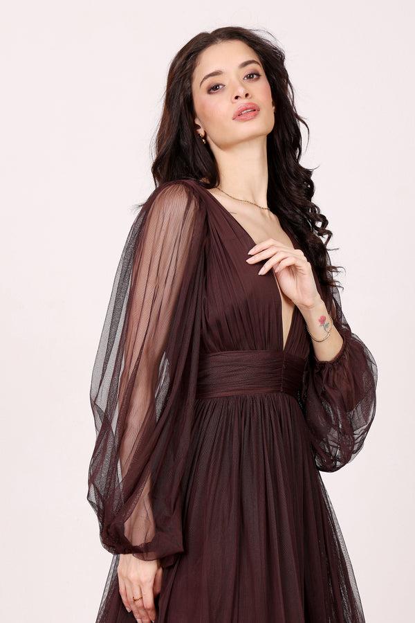 Lace & Beads Long Sleeve Madison Maxi Dress In Chocolate Plum