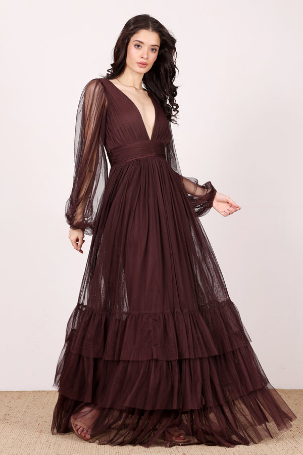 Lace & Beads Long Sleeve Madison Maxi Dress In Chocolate Plum