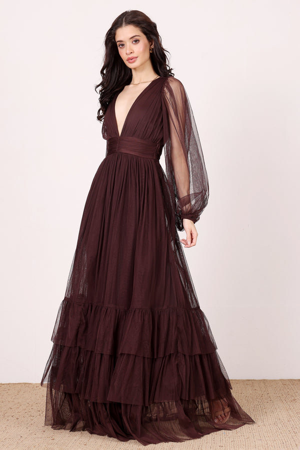 lace & beads Long Sleeve Madison Maxi Dress in Chocolate Plum