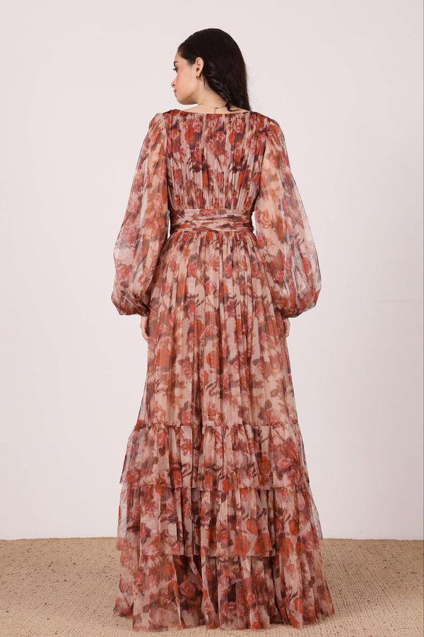 Lace & Beads Long Sleeve Madison Maxi Dress In Rose Floral
