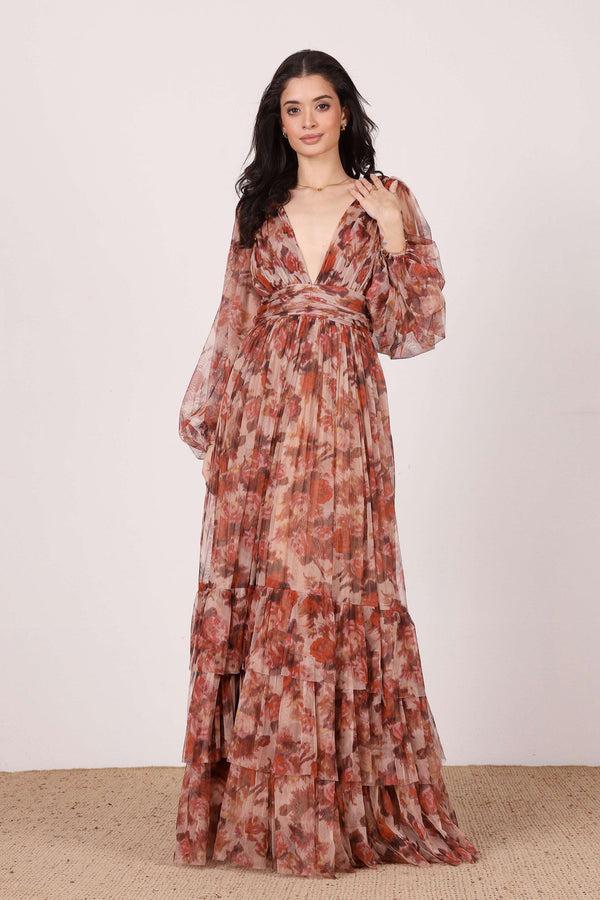 Lace & Beads Long Sleeve Madison Maxi Dress In Rose Floral