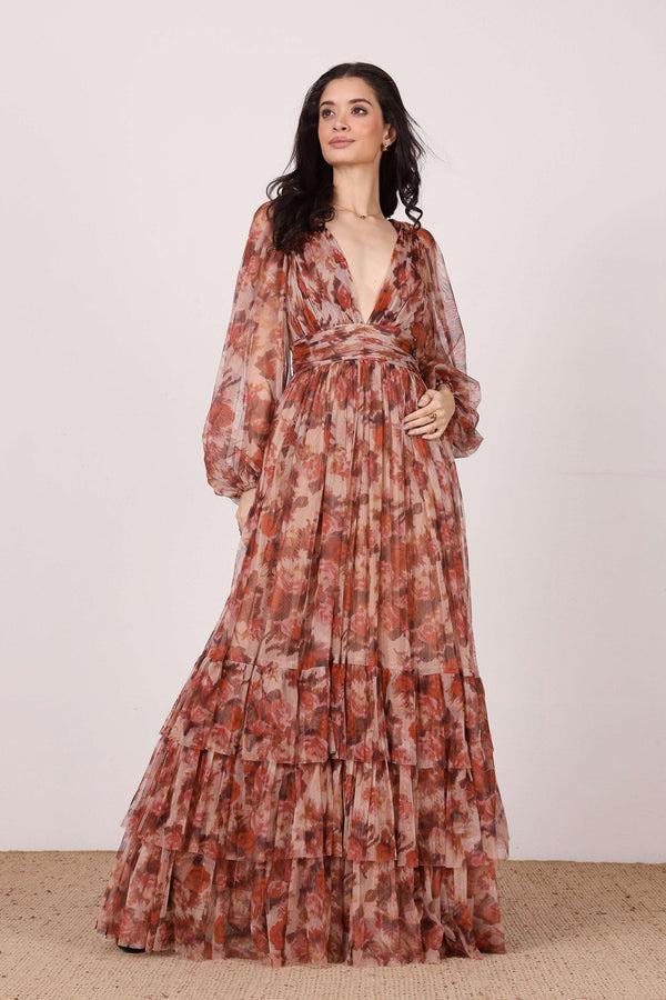 Lace & Beads Long Sleeve Madison Maxi Dress In Rose Floral