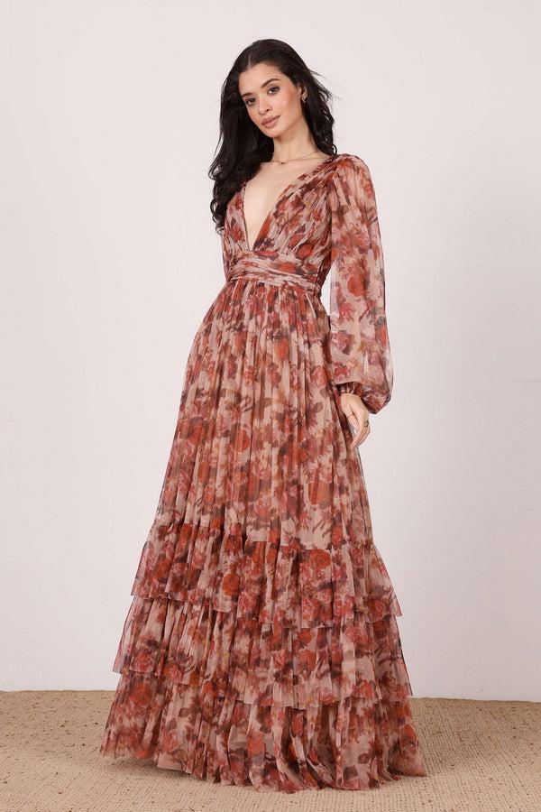 lace & beads Long Sleeve Madison Maxi Dress in Rose Floral