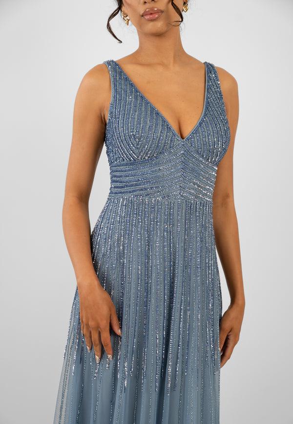 Lace & Beads Lorelai Dusty Blue Embellished Maxi Dress