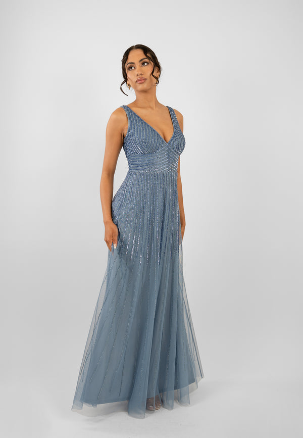 Lace & Beads Lorelai Dusty Blue Embellished Maxi Dress