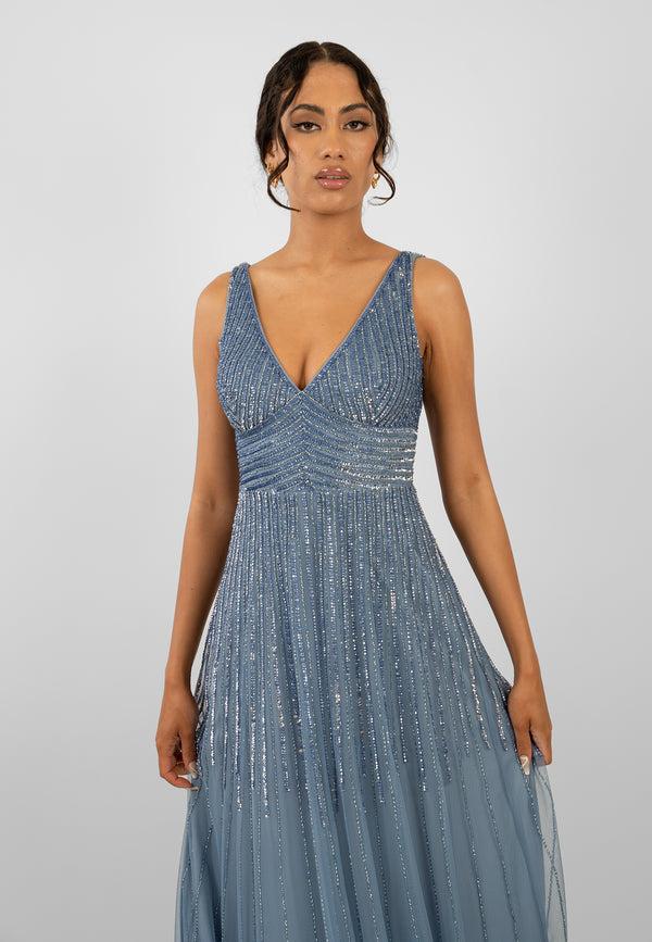 Lace & Beads Lorelai Dusty Blue Embellished Maxi Dress