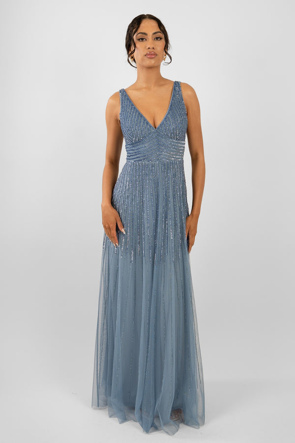 lace & beads Lorelai Dusty Blue Embellished Maxi Dress