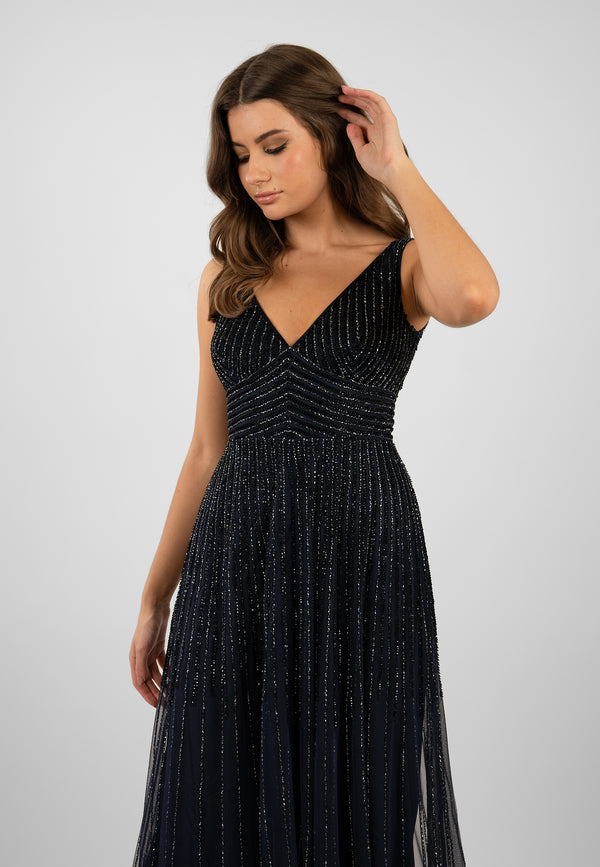 Lace & Beads Lorelai Navy Blue Embellished Maxi Dress