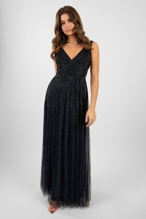 lace & beads Lorelai Navy Blue Embellished Maxi Dress