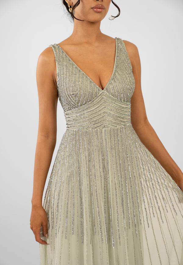 Lace & Beads Lorelai Sage Green Embellished Maxi Dress