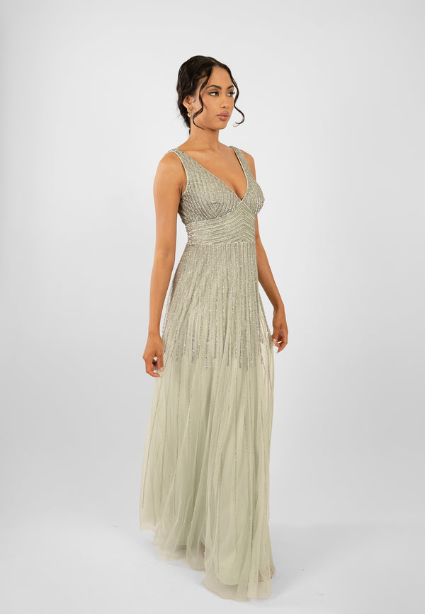 Lace & Beads Lorelai Sage Green Embellished Maxi Dress