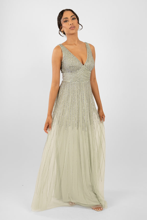 lace & beads Lorelai Sage Green Embellished Maxi Dress