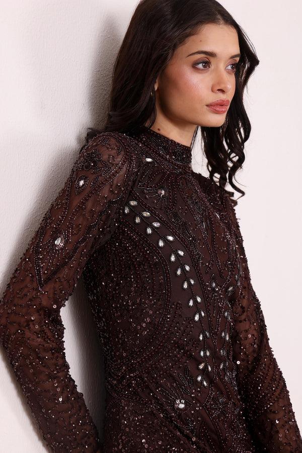 Lace & Beads Lotus Embellished Maxi Dress In Chocolate Brown