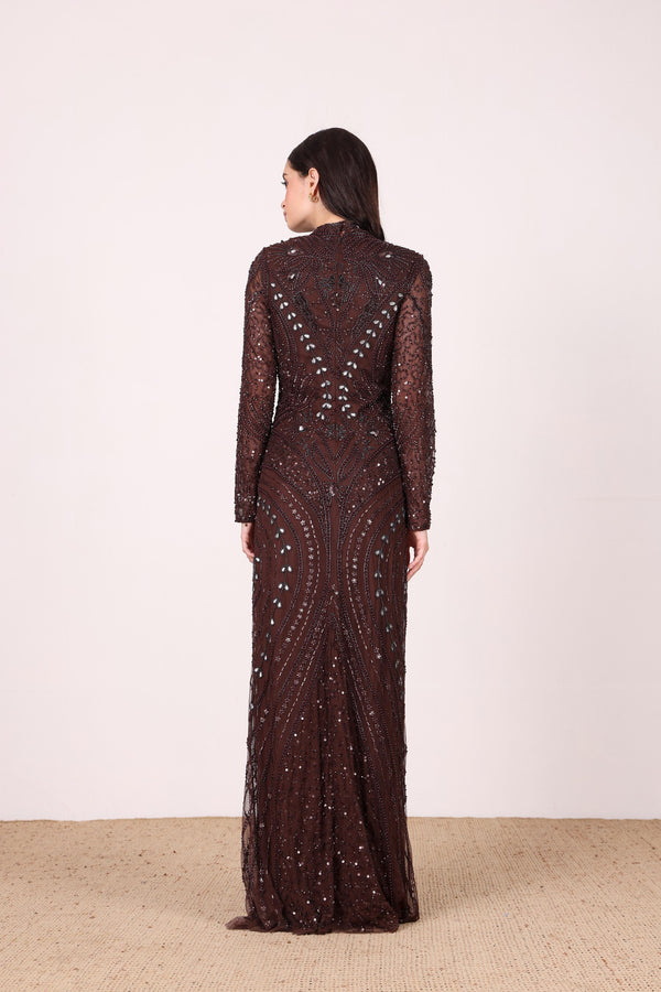 Lace & Beads Lotus Embellished Maxi Dress In Chocolate Brown