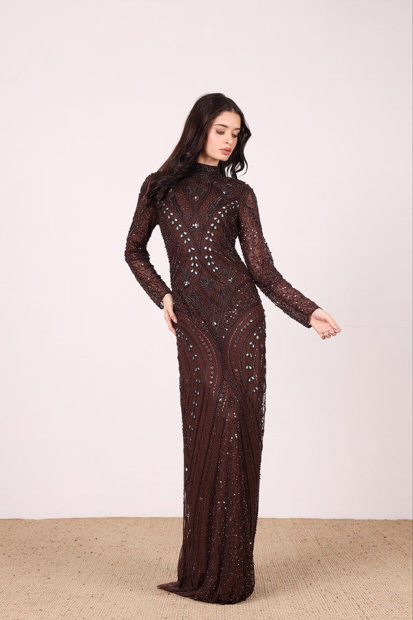 Lace & Beads Lotus Embellished Maxi Dress In Chocolate Brown