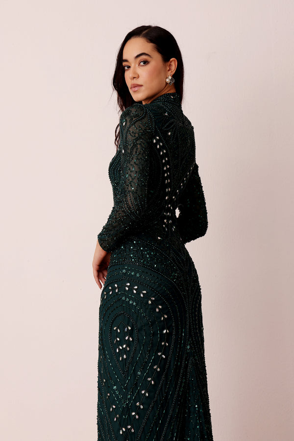 Lace & Beads Lotus Embellished Maxi Dress In Emerald Green