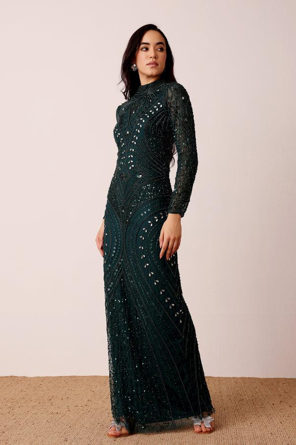 Lace & Beads Lotus Embellished Maxi Dress In Emerald Green