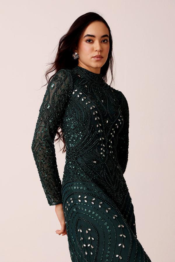 Lace & Beads Lotus Embellished Maxi Dress In Emerald Green