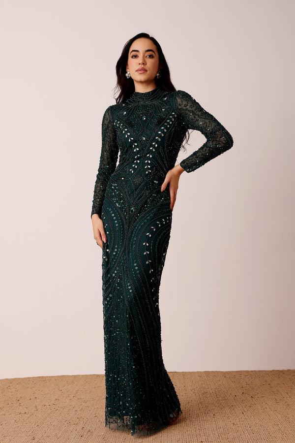 lace & beads Lotus Embellished Maxi Dress in Emerald Green