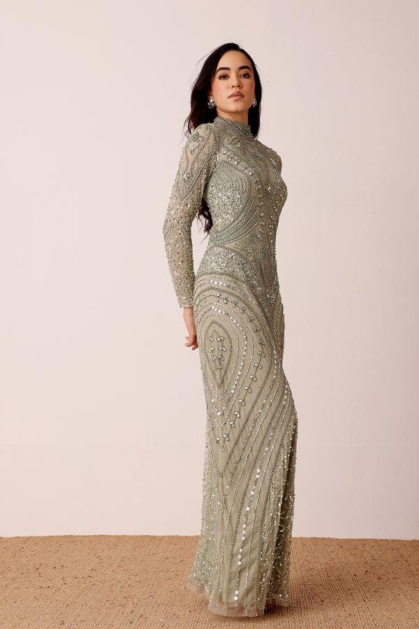 Lace & Beads Lotus Embellished Maxi Dress In Sage Green